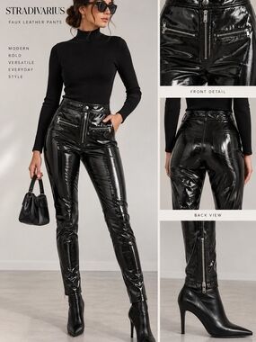 Stradivarius Black Faux Patent Leather Moto Pants XS